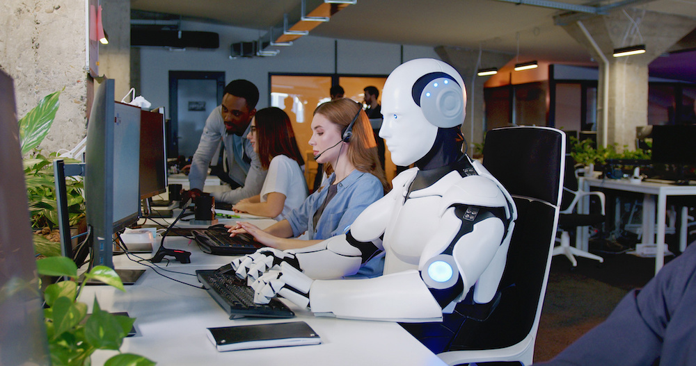 AI is taking over - robots working in the office among people