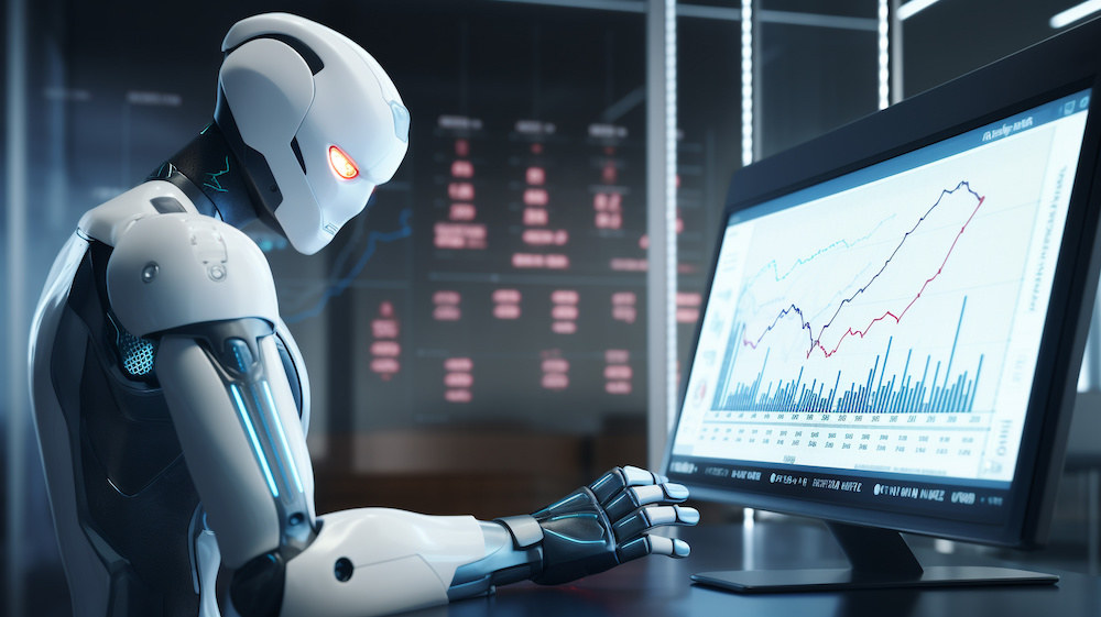 AI is taking over - AI working at the computer looking at stock market